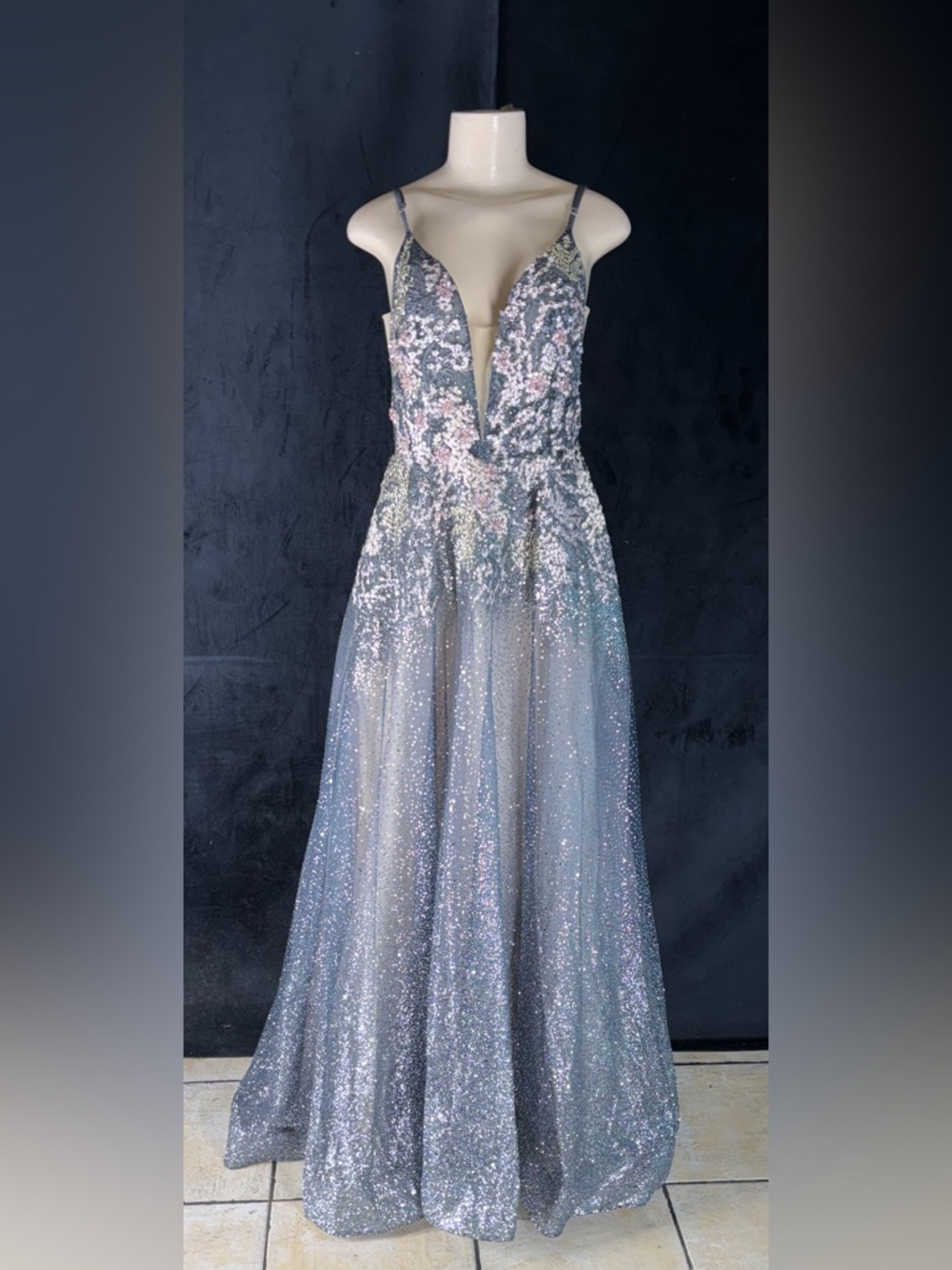 Silver Iridescent Sequin A-Line Prom Dress with Deep V